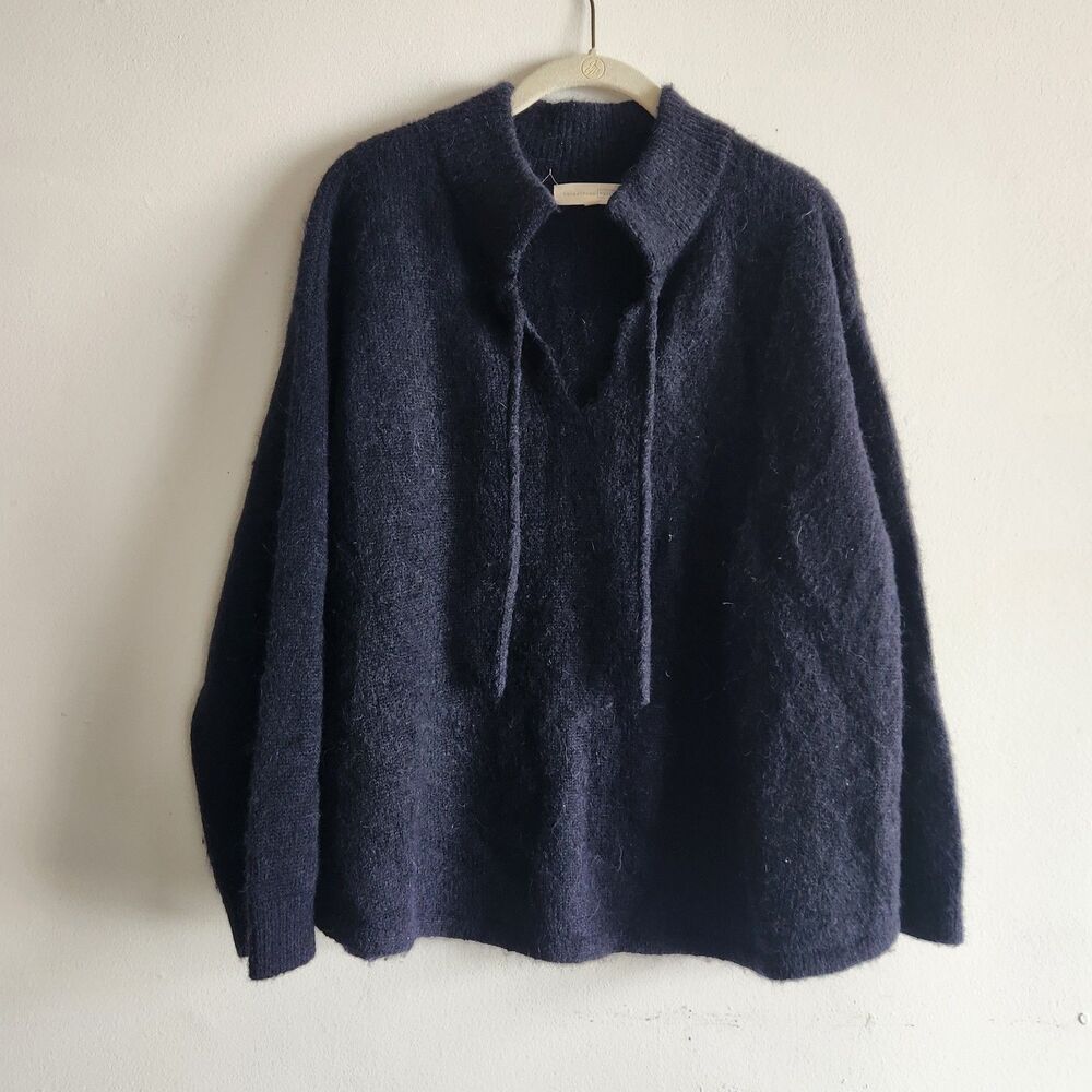 Hansel From Basel Navy Blue Alpaca Wool Blend Knit Sweater Fuzzy Tie Neck Sz 2